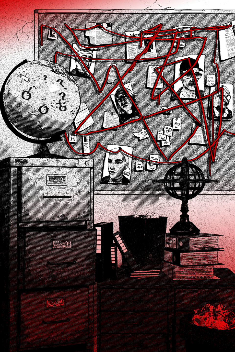 office with conspiratorial investigative bulletin board with red string