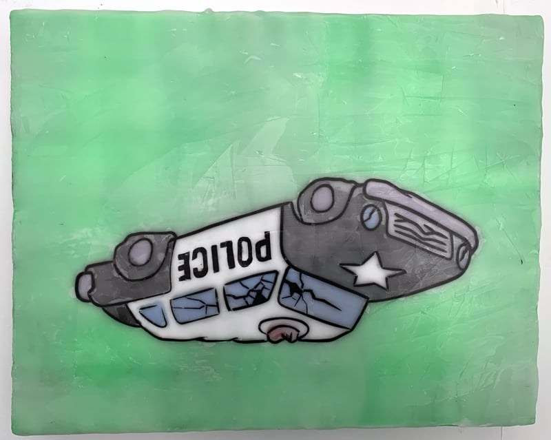 painting of an upside-down, wrecked police car