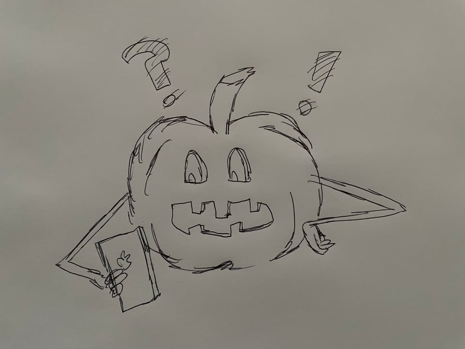 A rough sketch of a gourd with a face being shocked by what they see on a phone