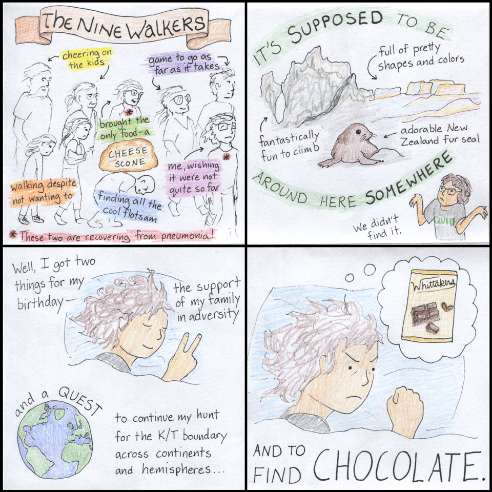 The final four panels of the comics, in which The Nine Walkers (me and my spouse, kids, and numerous in-laws) continue hunting without success. I conclude that I got two things for my birthday--the support of my family in adversity, and a quest to continue my hunt for the K/T boundary across continents and hemispheres... ...and to find CHOCOLATE.
