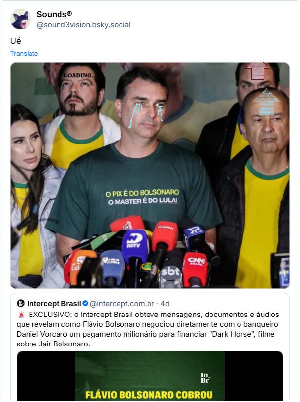 Post de Sounds® (‪@sound3vision.bsky.social‬): Ué (imagem de Flávio Bolsonaro em coletiva de imprensa com apoiadores, ostentando uma camiseta verde escuro com os dizeres em amarelo e branco: O Pix é do Bolsonaro. O Master é do Lula!