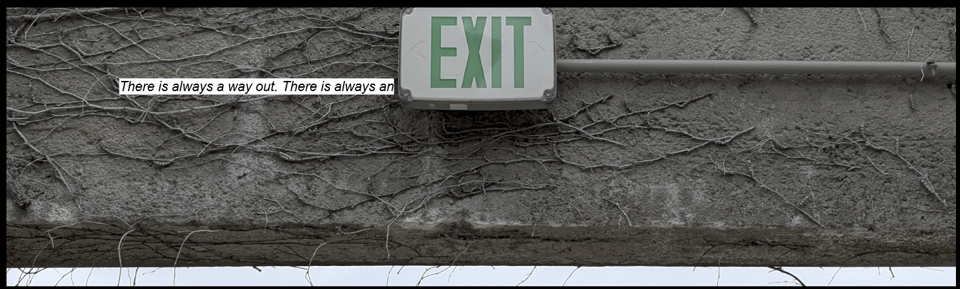 A green exit sign with a power light on a concrete wall covered in roots. There is a thin strip of sky at the bottom. The complete text reads "There is always a way out. There is an always an exit."