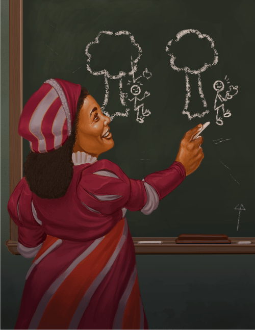 A schoolteacher demonstrating what one does when an apple falls from the tree