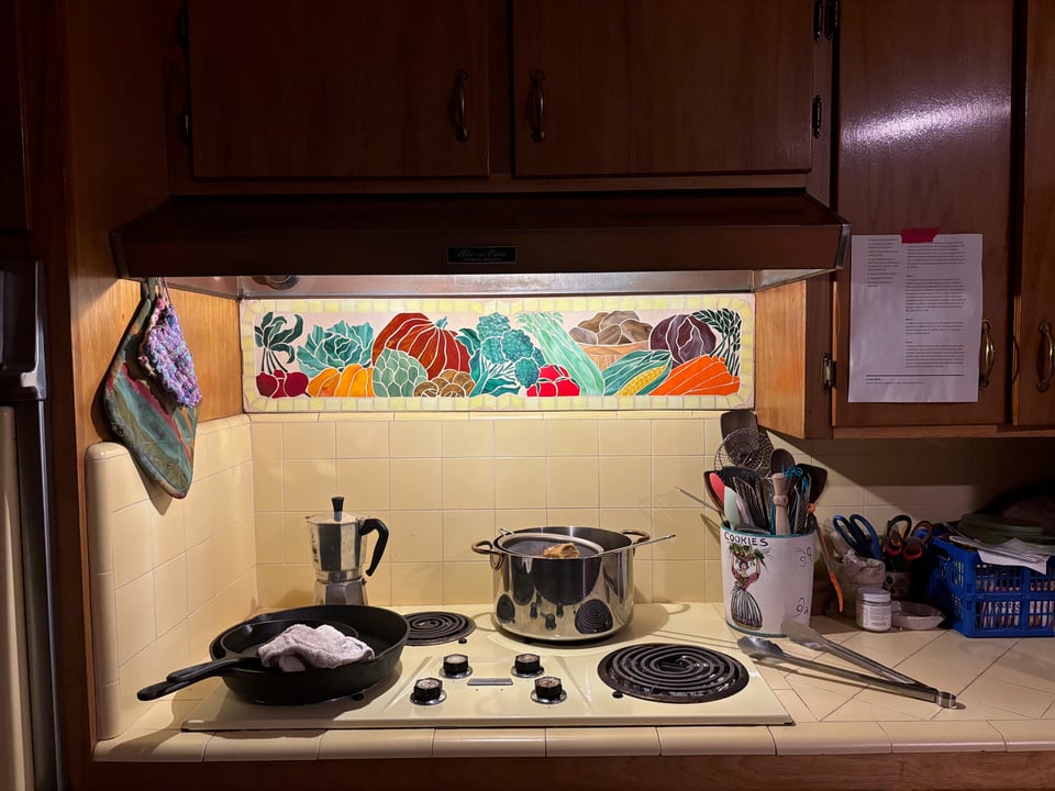 A photo of my stove at night, with the pot where I made the corn broth. In the Night Kitchen is one of my favorite books. Follow the link for a read aloud.