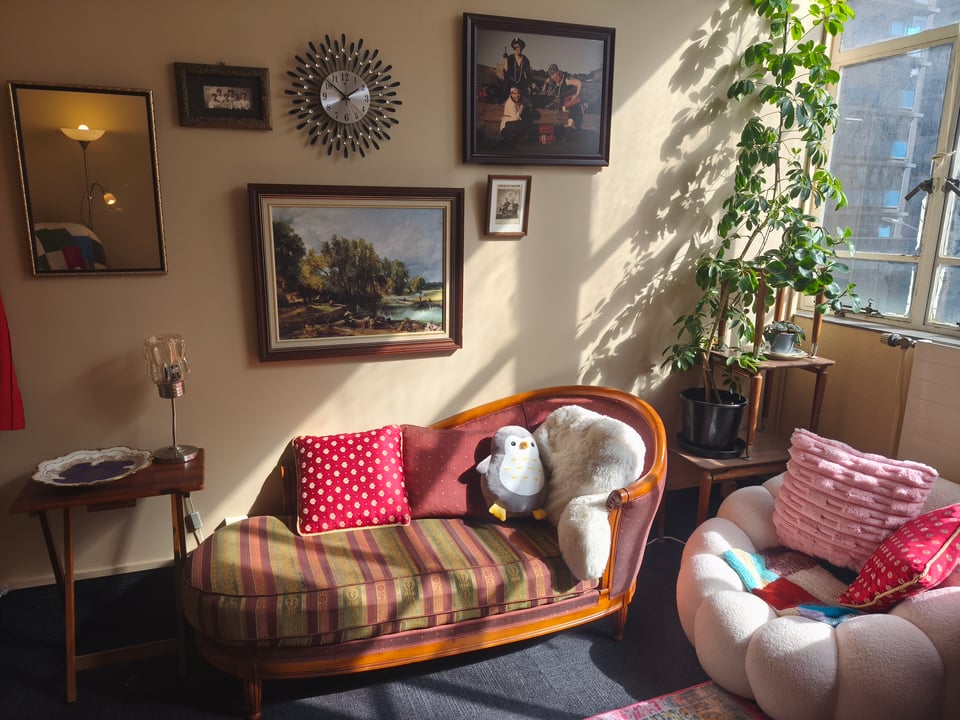 image of a chaise lounge and soft white chair and some plants in a sunny office, pictures and clock and mirror on the wall