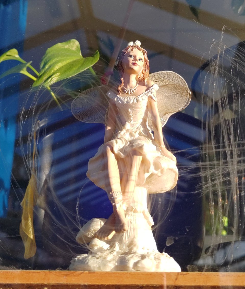 Eine feen-hafte Figur eines Mädchens oder einer jungen Frau, in weiß gekleidet, sitzend, hinter einer leicht verspiegelten Glasscheibe. Die Figur ist nicht sehr groß, wie man anhand von Blättern der Zimmerpflanzen im Hintergrund ahnt.
