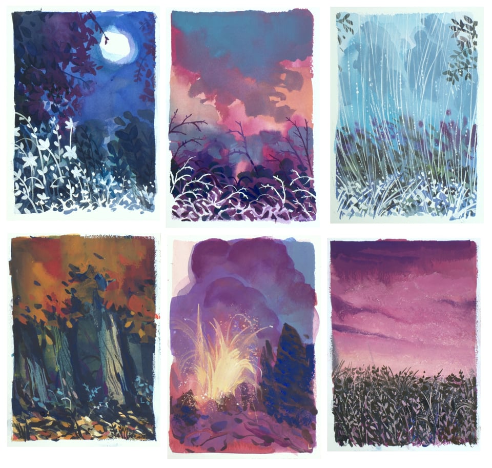Thumbnail images of six paintings, on sale now in my store.