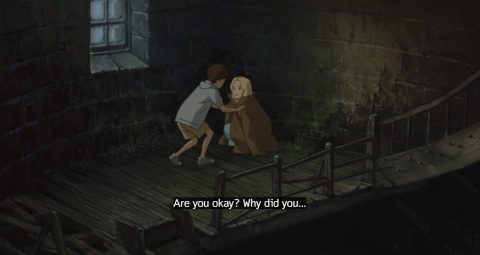 Anna finds Marnie in the creepy abandoned silo. She crouches down to wrap a jacket around Marnie sand says, "Are you okay? Why did you...?"
