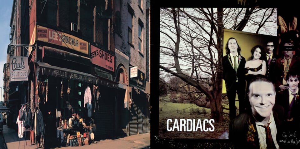 First pic: A photograph of a street corner in New York. There is a store called Paul's Boutique on the corner, as indicated by the sign that hangs over the sidewalk to the left. Above the store is a tall brick edifice, presumably apartments. On the sidewalk are clothes hanging from awning as a display, as well as a table with all sorts of objects on it, but difficult to identify any one object. There are two additional signs on the building, just below the brick edifice: "Lee's Sportswear" and "Ben's Shoes.” Second pic: The cover is (I believe) a photo collage. Most of the left of the picture is a phot of an outside scene, a large leafless tree with many many branches in the middle of a grassy field. Just beyond there are more trees and bushes. Superimposed over this on the right side are pictures of six people, five white men and one whie woman. The men wear jackets and ties, the woman a black dress. The colors are desaturated. One of the men has a black bar over his eyes and something written in white print on it, but I can't make out what it is. Presumably these are the band members.
