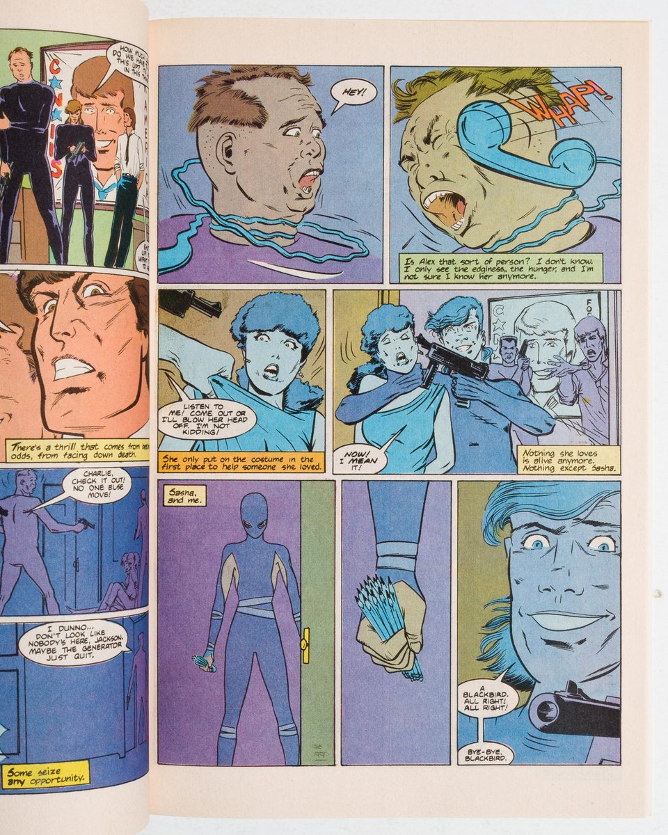 Whisper interior art of a man being strangled by a telephone and a hostage situation