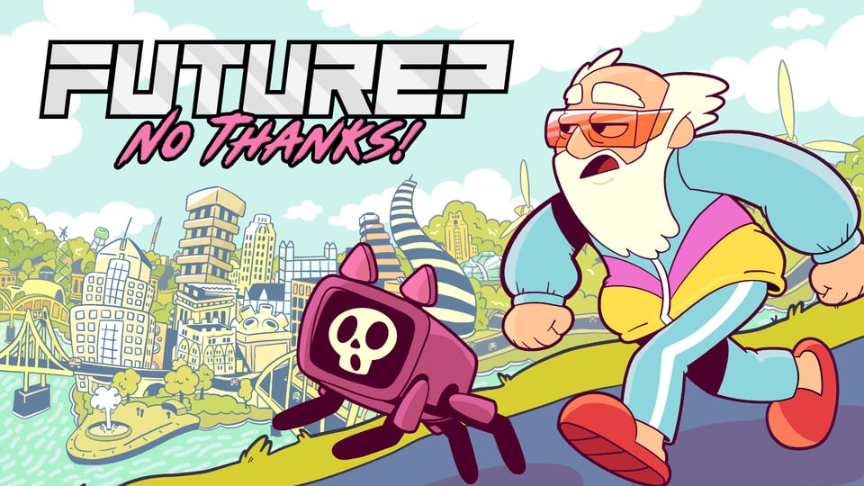 A cartoonish poster for the game "Future? No Thanks!" shows a solarpunk-style city in the backdrop, with an old man walking alongside a robot dog.