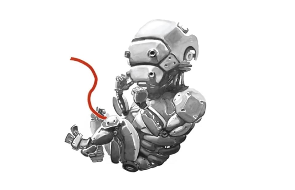 A robot fetus in the womb with a red umbilical cord