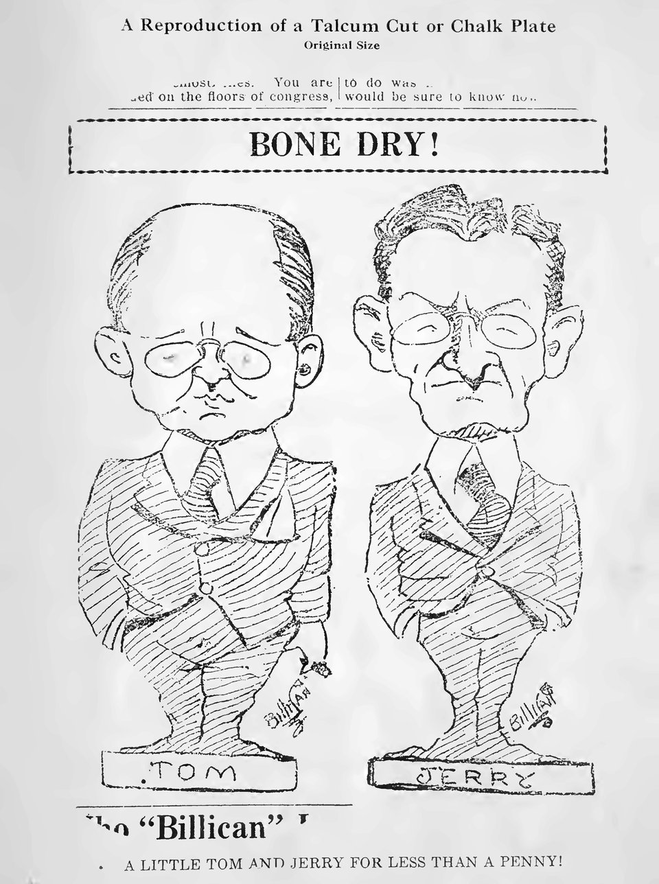 Printed version of chalk plate show big-headed figures label Tom and Jerry both wearing glasses.