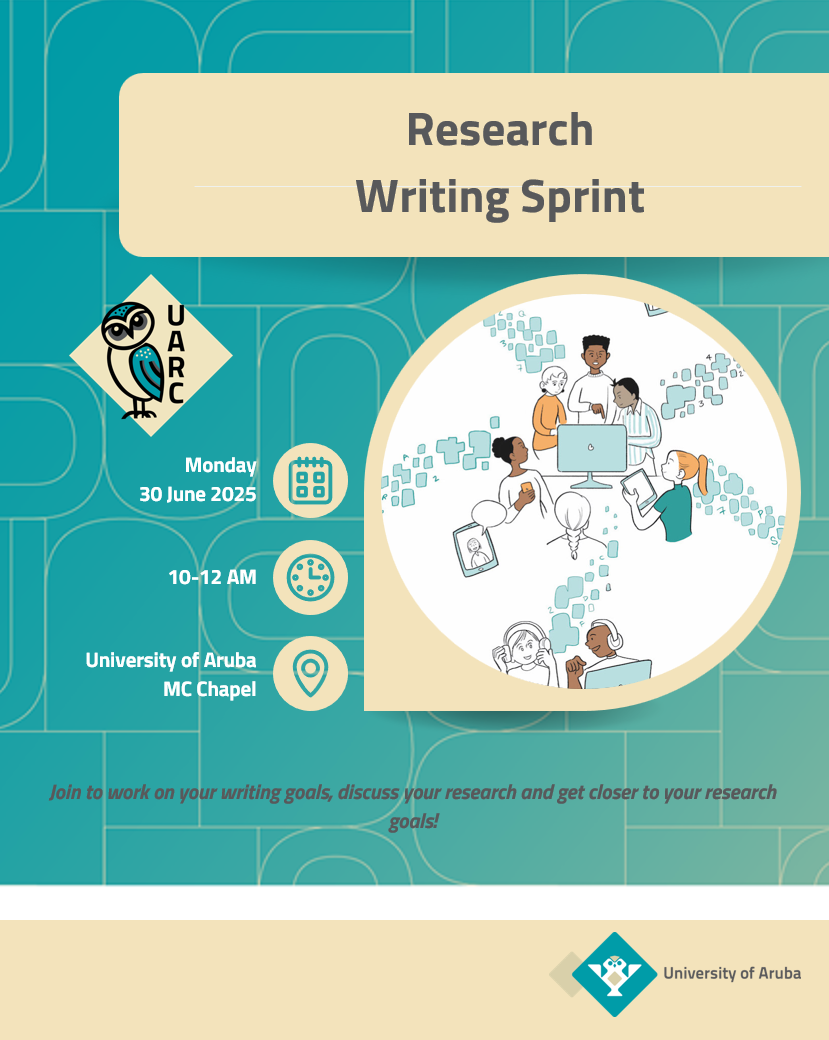 Research Writing Sprint announcement, taking place on Monday 30 June from 10-12 AM at the University of Aruba, MC Chapel. Join to work on your writing goals, discussy our research and get closer to your research goals!