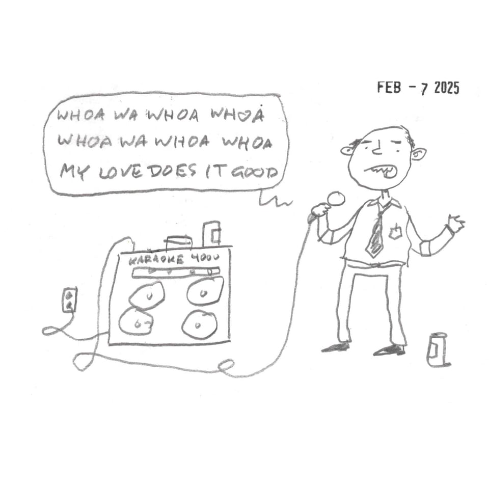 cartoon of woman singing My Love at karaoke