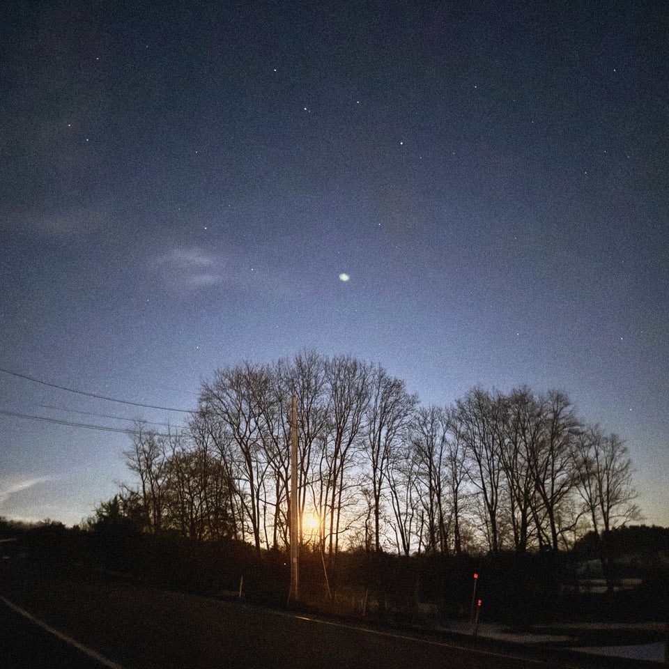 the moon rising through the trees in Climax, NY on an unreasonably starry night