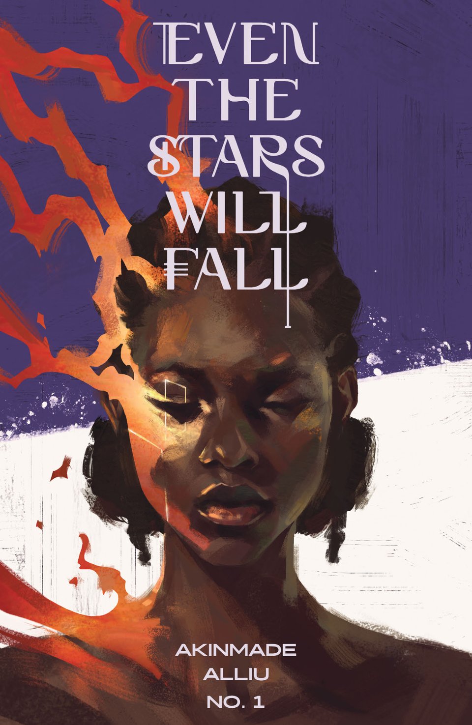 Front cover of 'Even The Stars Will Fall'. It features a young Black woman rendered in a painterly style, against a bifurcated white and purple background.