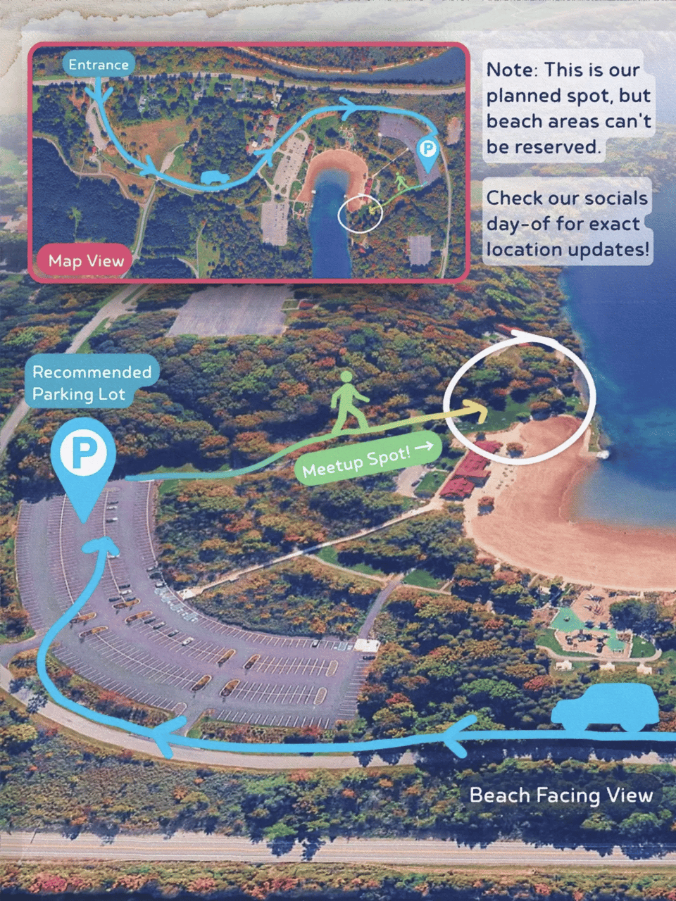 Map of our planned meetup spot and recommended parking lot. Note: This is our planned spot, but beach areas can't be reserved. Check our socials day-of for exact location updates!