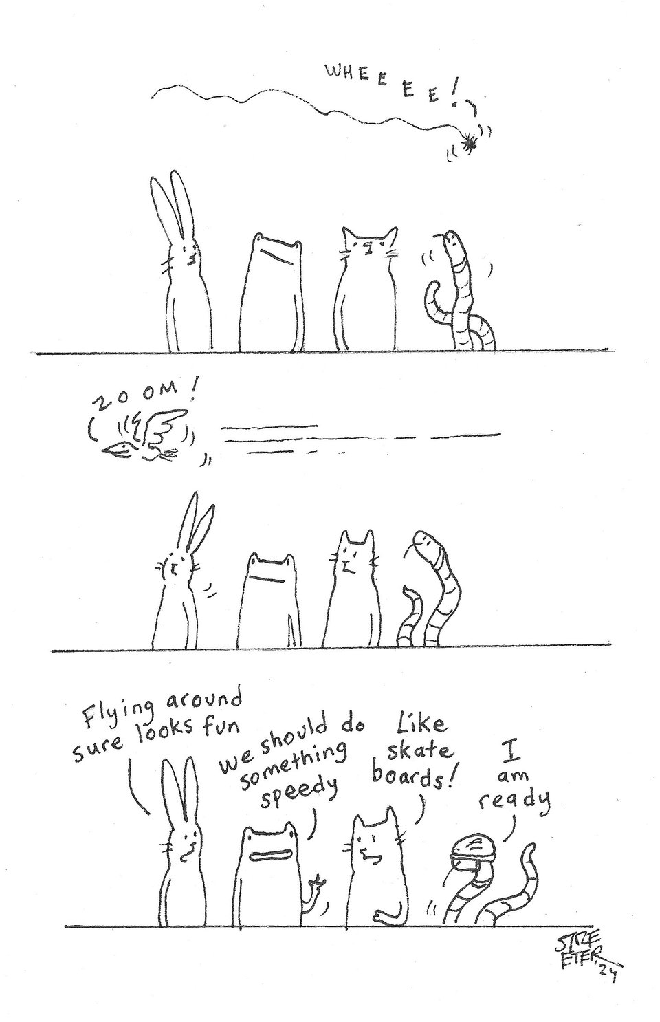 BunnyFrogCatSnake cartoon about speeding around