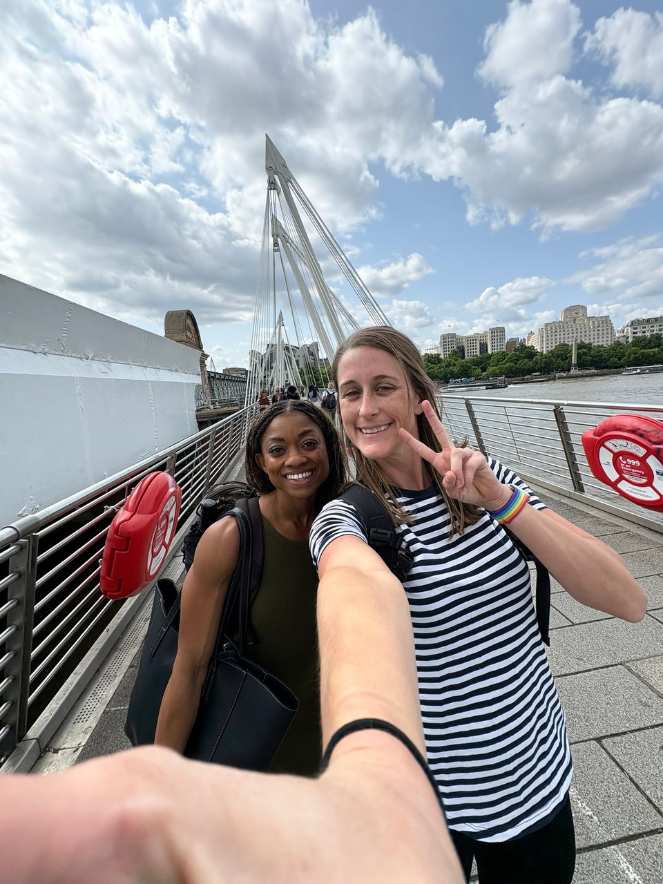 Me and Becky smiling at the camera on the Hungerford Bridge.