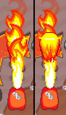 Two screenshots of an enemy boar shooting a jet of flames. One of them has a big fireball in front of the flames, and the other has a big fireball behind the flames which is almost impossible to see.