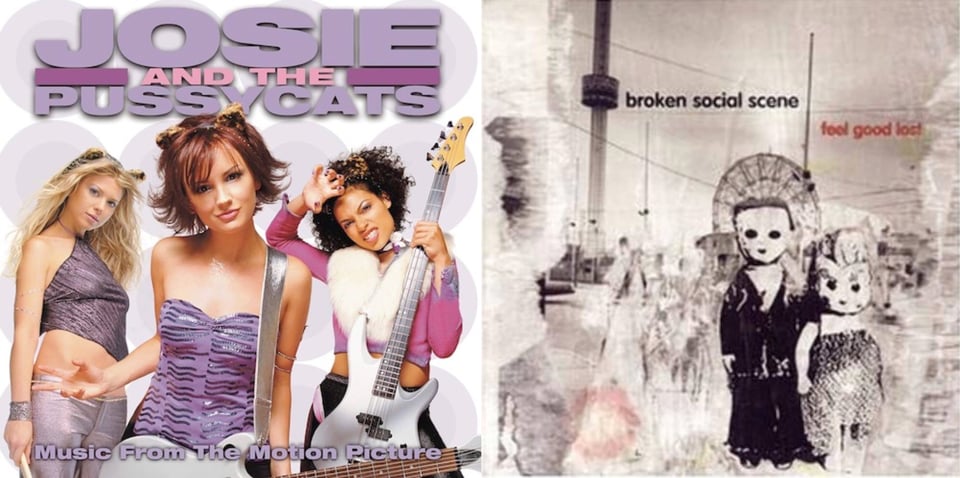 First pic: The cast of the film JOSIE AND THE PUSSYCATS, posing for the camera. On the far left is a white woman with long blond hair holding drumsticks. The middle woman has a guitar and makes a kind of "you wanna try me?" gesture with a confident smirk on her face. On the right is a Black woman holding a bass guitar in front of her body and making a cat claws gesture with a scowl. They all wear little cat ears on their heads. Second pic: Two black and white photographs superimposed onto one another. The first one is of two dolls, each with wide white faces and black dots for eyes and tiny mouths. One is a male in a suit and the other is a female in kind of a flapper outfit. This is palced over a photograph of a an amusement park of fairground.
