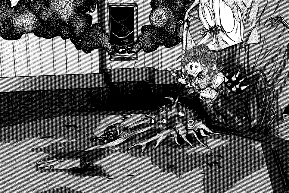 Print for Physical World for January. Guy looking at monster food and smoke billowing into the window from outside.