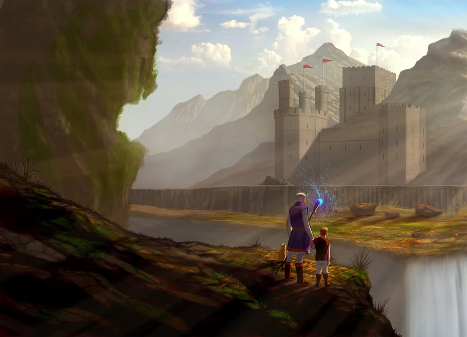 Cover art for the next Silas & Bundersnoot book, featuring Silas, Bundersnoot, and Waif looking at a castle in the mountains.
