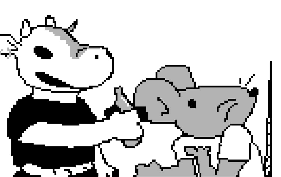 Amy, a humanoid bovine, smiles and gestures to something while holding a glass bottle. Gingham, a humanoid mouse, turns to see and looks surprised.