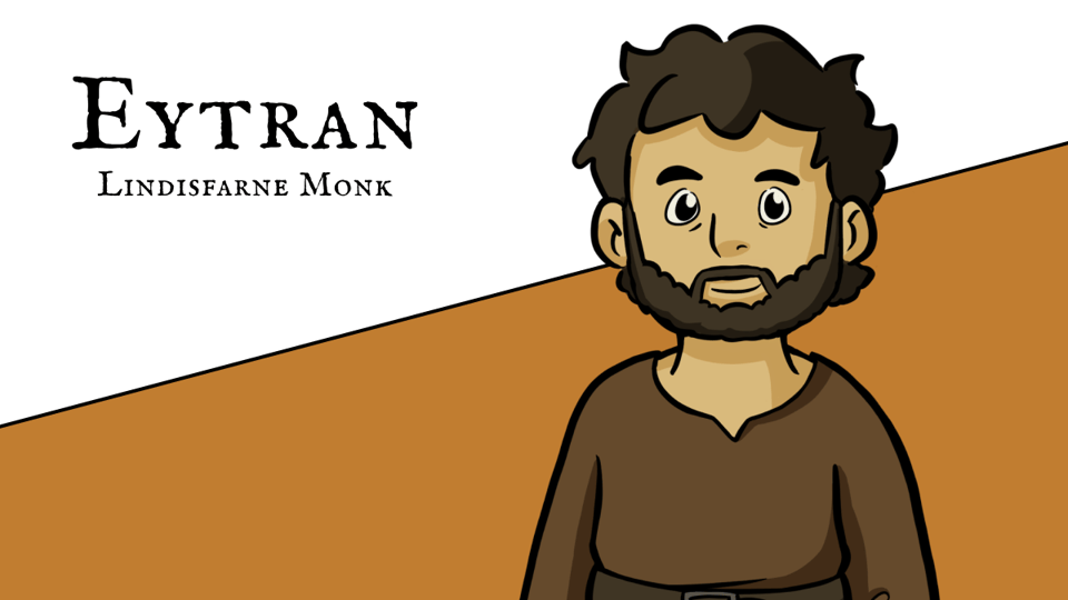Illustration of Eytran, a Lindisfarne monk with curly dark hair and a full beard, wearing a simple brown tunic. The background is diagonally split with white and a warm ochre color. The text reads: "Eytran – Lindisfarne Monk."