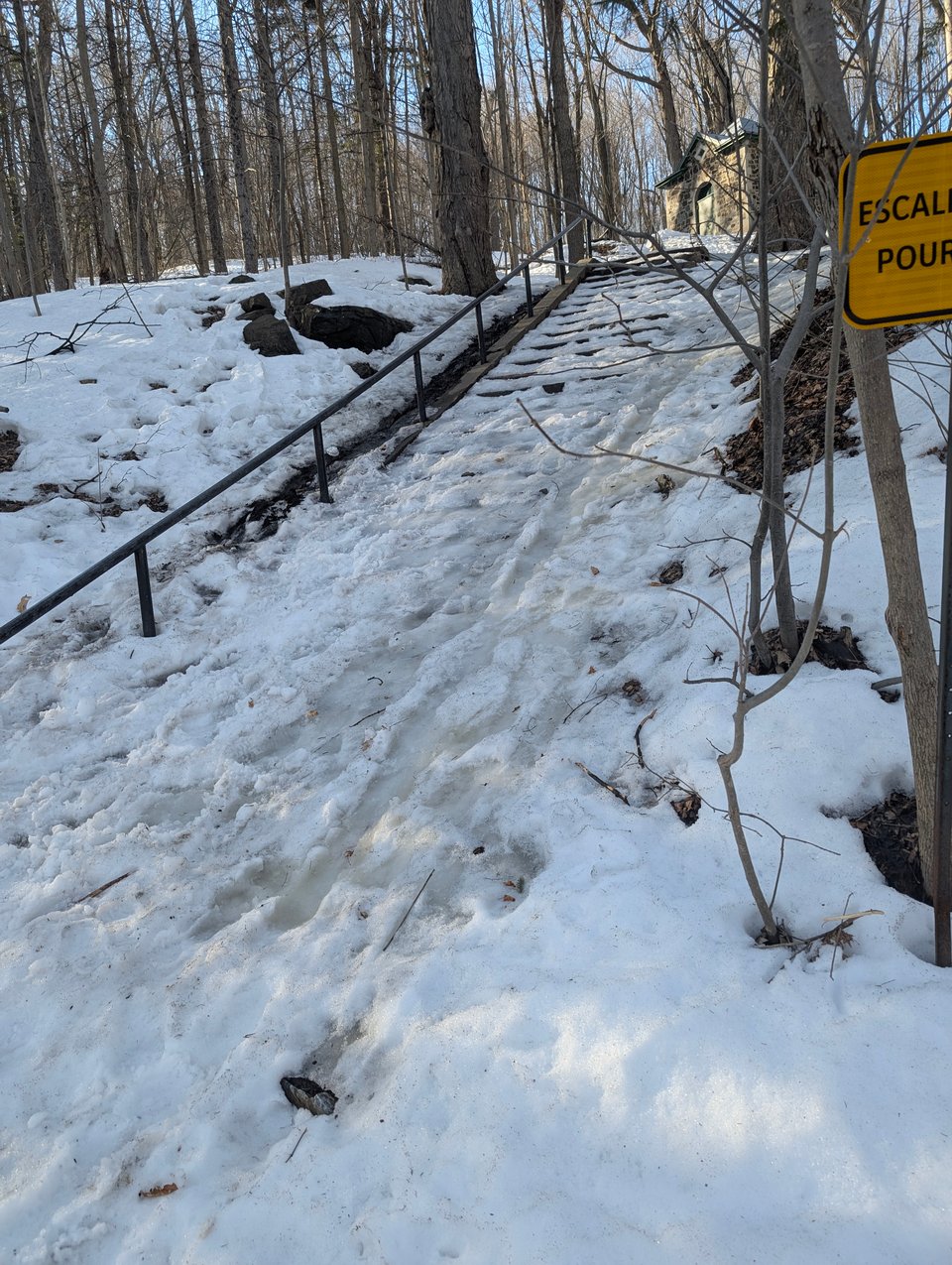 Snow-covered outdoor staircase with metal handrails ascending a wooded hillside. The steps are buried under compacted, icy snow.