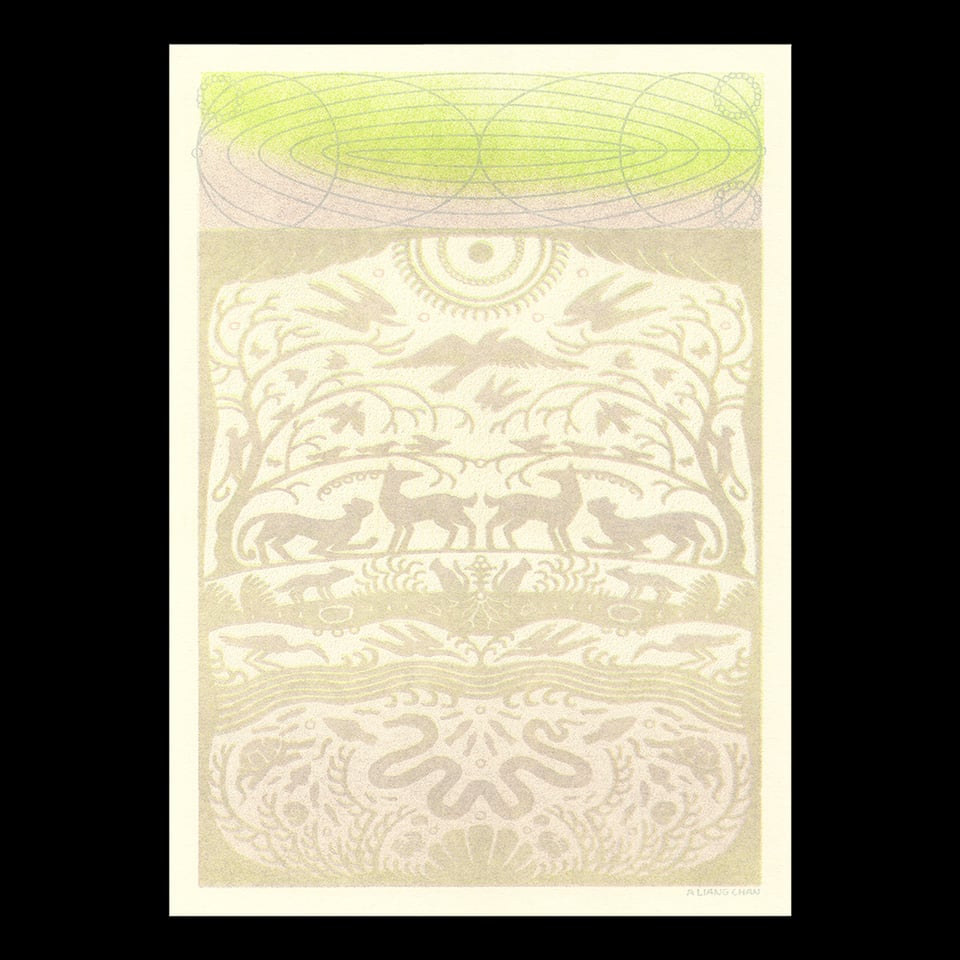 a riso print in light lime and pastel warm grays: icon-like silhouettes of creatures in the sea, beasts on the earth, and birds in the air are arranged in layers, a spiral unfurling above.
