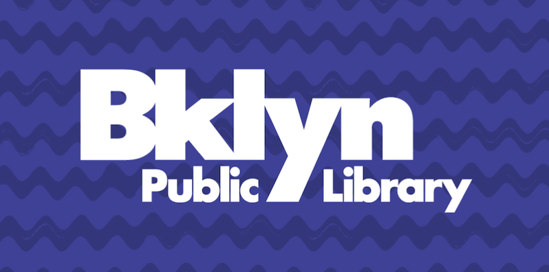 Logo for the Brooklyn Public Library against a wavy blue background.