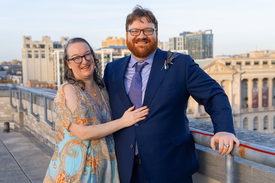 Tim and Karen on the rooftop at the Franklin Institute, dressed all fancy