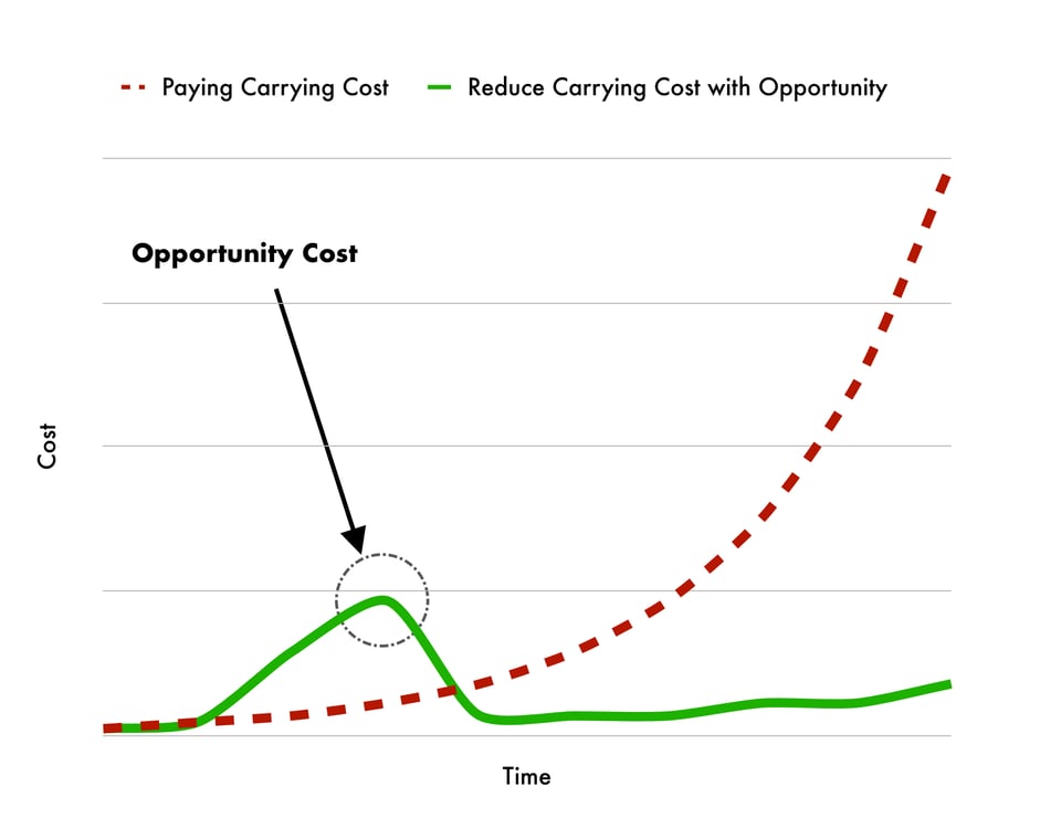 Line graph showing two series. The first is in red and increases exponentially. This is carrying cost going up and up. The second is in green and shows a large hump one third into the series, then a sharp drop followed by a logarithmic increase over time. The hump has an arrow pointed to it that says 'Opportunity Cost'