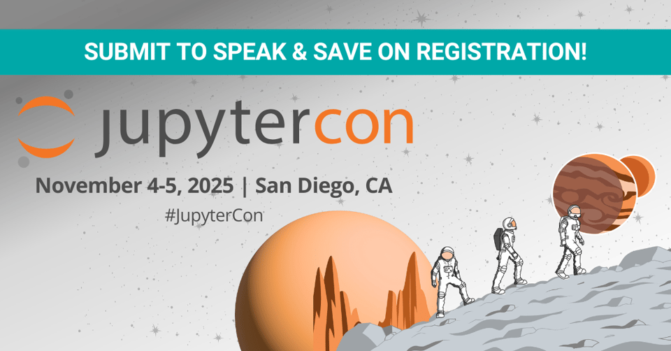 Alt: Flier for the JupyterCon conference, an illustration of three astronauts walking on a rocky grey surface with orange planets floating behind them.