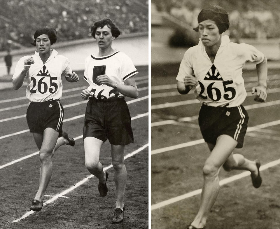 Two images side by side. On the left, two women run next to one another, the left runner is a Japanese woman. On the right, you see Kinue by herself, racing in black shorts and a white top.