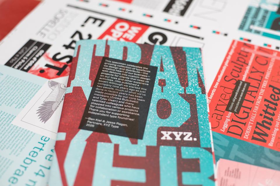Press sheets from the latest print XYZ Type specimen