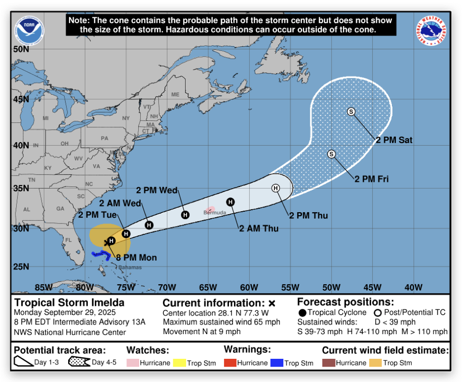 Screen shot of the official NOAA forecast of Hurricane Imelda showing it heading away from the USA and into the Atlantic.