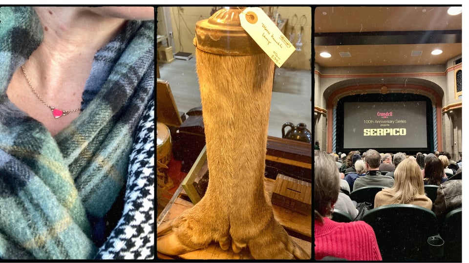 grid with three photos. L-R: close selfie of D wearing a pink and gold heart necklace, a green tartan scarf, and a black and white houndstooth coat; a strange lamp made out of taxidermied ungulate legs and hooves with a tag reading "moose knuckle lamp"; a movie theater full of people with a screen showing Serpico.