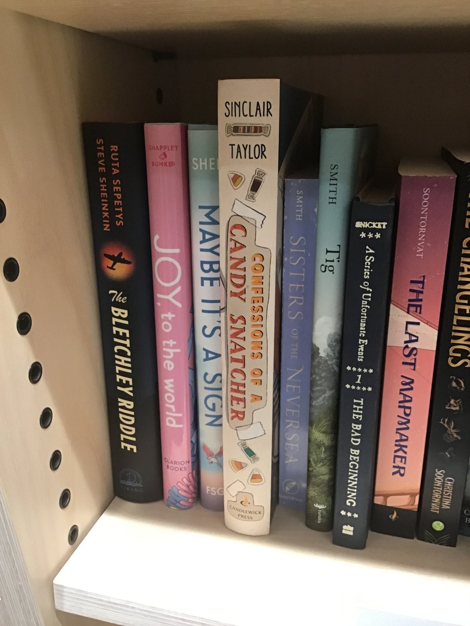 Books on a shelf in the youth section of a bookstore.