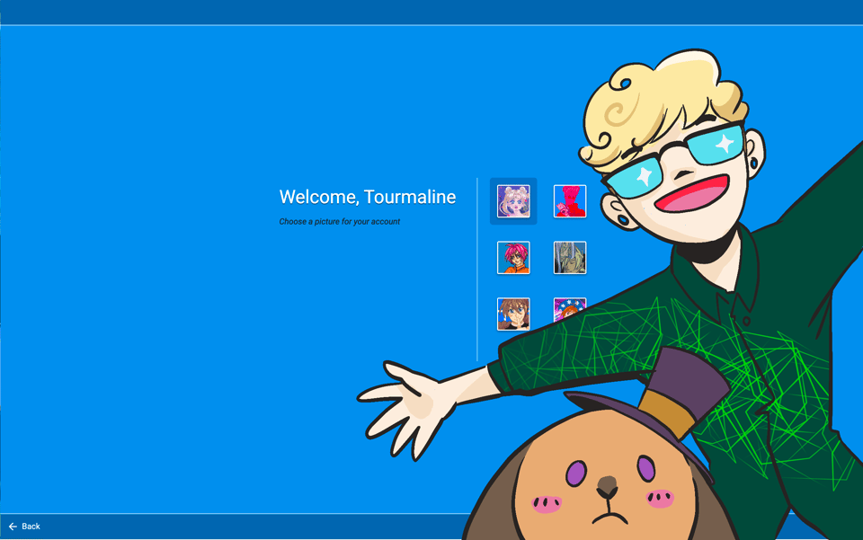 An illustration of someone with blonde hair and a bunny with purple eyes.