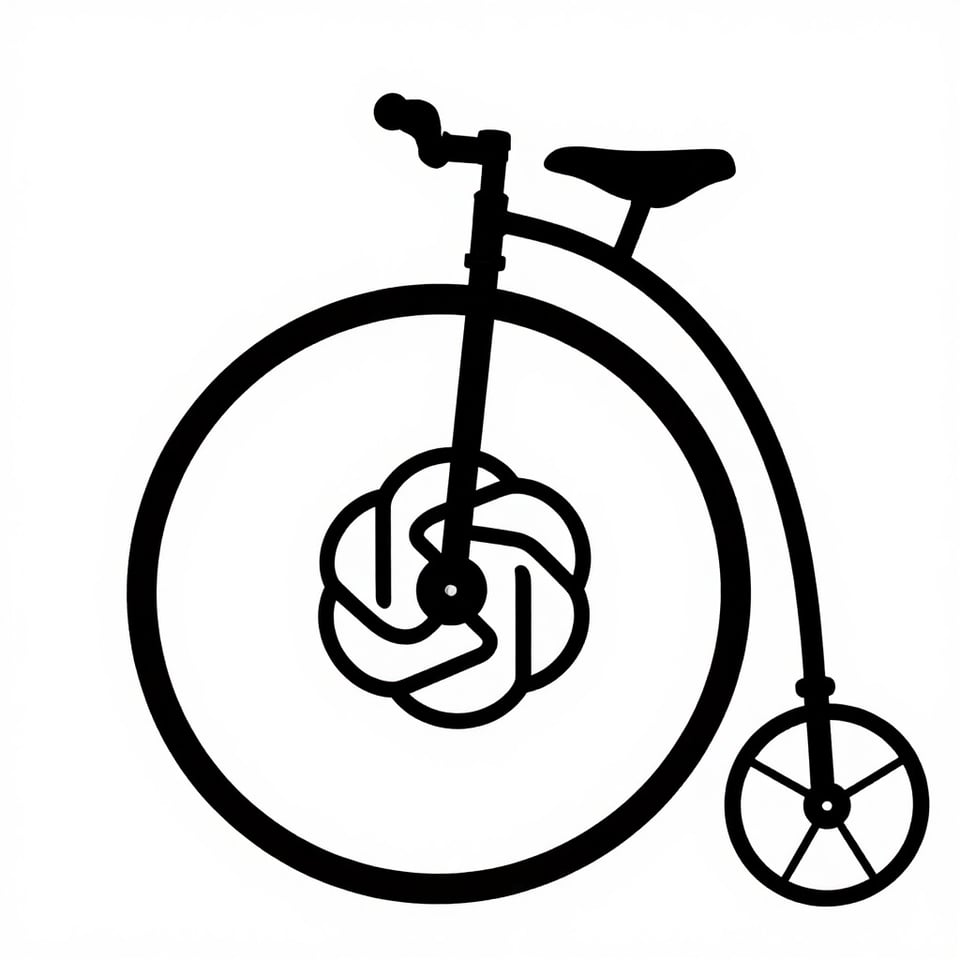 A synthetic image of a black on white clipart-style rendering of a penny-farthing, except the centre of the wheel looks like the OpenAI logo