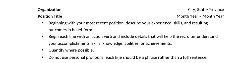A block of text showing how to write work experience in reverse chronology