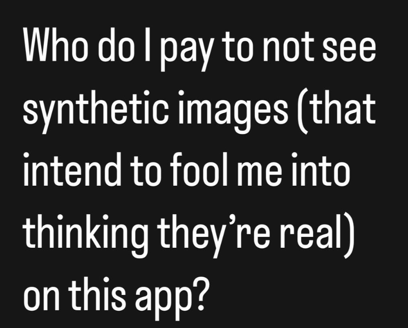 a screenshot of my Instagram story from FEB 17 in which I asked for a social media service that will allow me to block artificially generated images that attempt to fool me into thinking they're documentary images