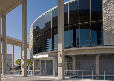 A photo of the Mark Taper Forum in downtown Los Angeles, a distinctive round building that appears in Star Trek: Picard season 2, episode 1