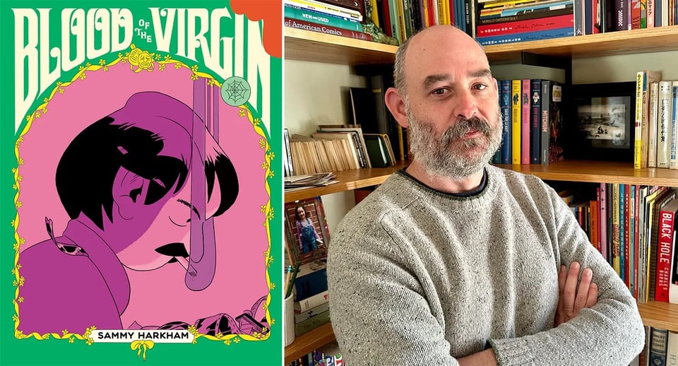 Two images side by side: left is the cover of the graphic novel, Blood of the Virgin, which features a close-up of a man with a cigarette editing a piece of film; right is a photo of the cartoonist Sammy Harkham, in a gray donegal sweater, arms crossed, in front of a corner of bookshelves holding various books & graphic novels.