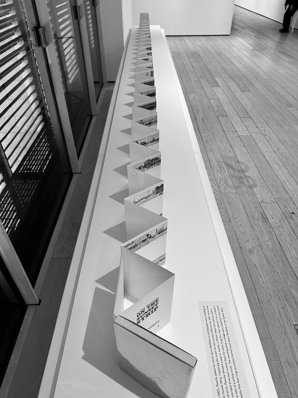 B/W photo of a long accordion book by Ed Ruscha: Every Building On The Sunset Strip. The photos of the book stitch together every building on the sunset strip.