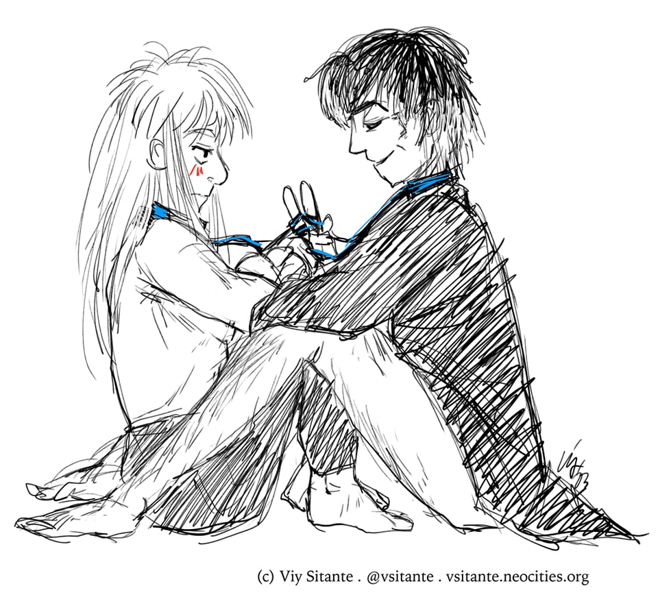 Black and white sketch with color spots. Astemar and Magnus are sitting across from each other and we see them from the side.   Astemar sits with her knees bent tightly and her arms wrapped around them. She's hugging herself close. Some loose hair strands on her feet and upper arms. She's topless but wearing pants. She's sitting between Magnus' freakishly long and hairy legs, highlighting the height difference, we guess. He's pantsless but wearing a long-sleeved shirt.  Astemar is blushing slightly but you should guess what expression she's making. For Magnus' part, he's content and confident as always, his hair in a disheveled loose state this time around. There's some white and grey hairs at his nape.  Both of them are wearing collars, blue and black, that are connected to each other. Magnus is twisting the connected leash in two of his fingers.