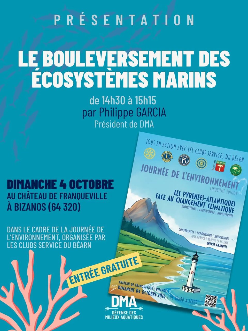 Le réchauffement climatique bouleverse les écosystèmes marins garants de la qualité de nos conditions de vie sur Terre. Que se passe-t-il réellement sous la surface et quel impact cela a-t-il sur notre avenir ?
À l'occasion de la 5ᵉ édition de la Journée de l'Environnement organisée par les Clubs Services du Béarn, Philippe Garcia, président de l'association DMA (Défense des Milieux Aquatiques), propose une présentation éclairante sur ces grands enjeux majeurs.
Rendez-vous le dimanche 4 octobre de 14h30 à 15h15 au Château de Franqueville à Bizanos (64320). L'événement est gratuit et ouvert à toutes et à tous. Venez nombreux pour comprendre les enjeux à relever et échanger avec nous !